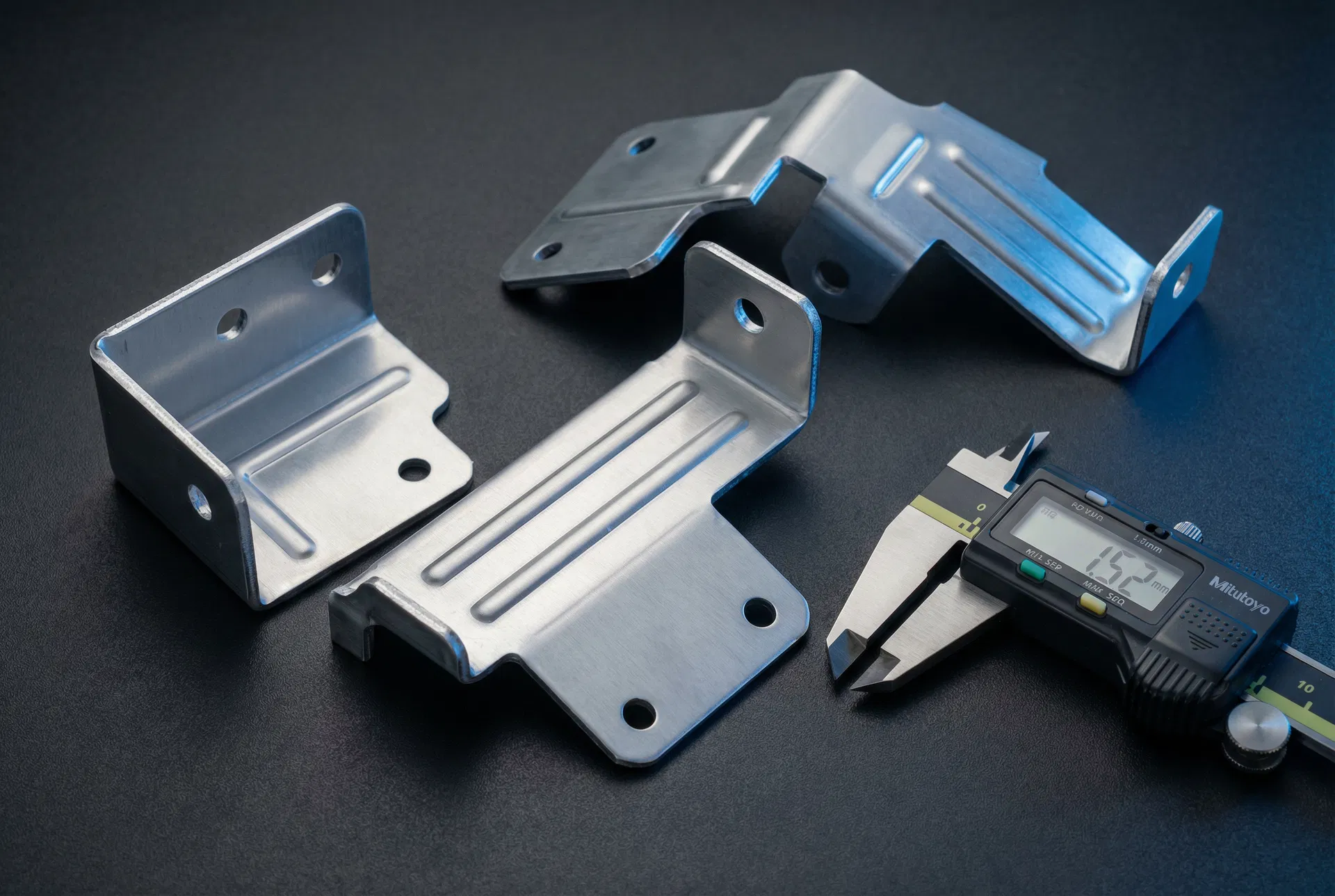 Precision Multi-Bend Stamped Aluminum Brackets: 5052-H32, 1.52 mm gauge, compound die blanking + multi-stage bending, pressed stiffening ribs, precision punched holes (±0.05 mm), natural satin finish.