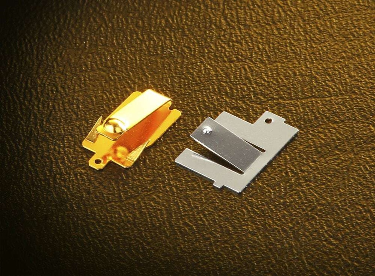 Beryllium Copper Spring Contacts: C17200 BeCu, precision stamped, spring-temper HRC 38–42, contact force ±3% tolerance, gold or silver plating.