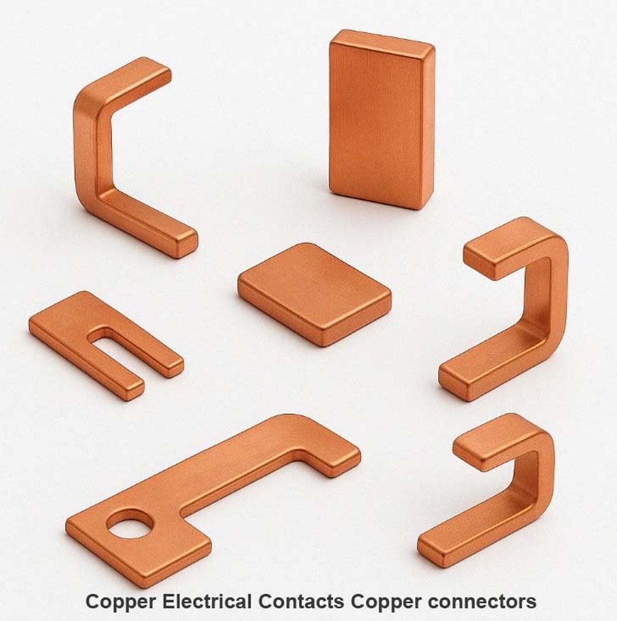 Copper Electrical Contacts & Bus Bars: C110 oxygen-free copper, stamped + formed, contact resistance ≤0.5 mΩ, tin or silver plating. Custom shapes available.