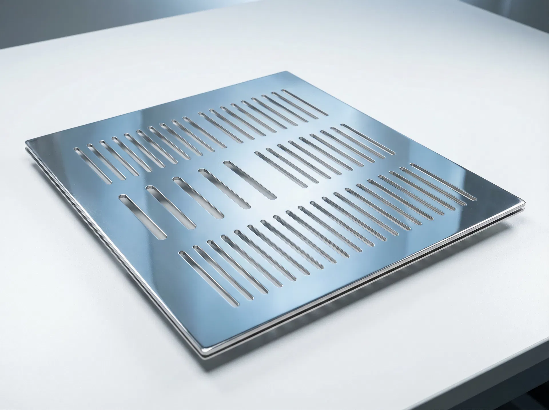 Precision Flat Stainless Plate: 1.2 mm SS304, laser-cut + stamped slots, flatness ≤ 0.1 mm/100 mm, electropolished. Perfectly flat surface with burr-free slot edges — cleanroom and medical-grade compliant.